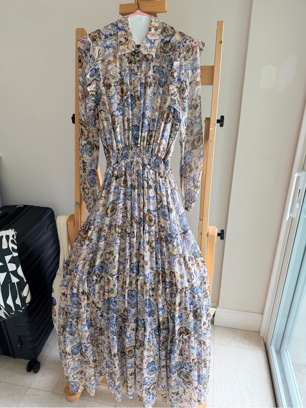 Misa Los Angeles Cream and Blue Floral Ruffled Tiered Maxi Dress - Picture 5 of 5